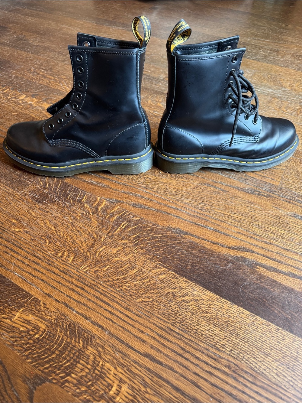 Dr. Martens (never worn) Black Leather 8-Eye Boots with Yellow Stitching - Picture 4 of 8